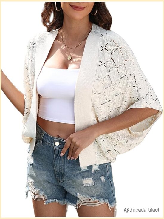 Sweaters - Boho Crochet Batwing Cardigan - Open Front Lightweight Summer Shrug